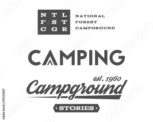 Set of retro camping badges and label logo graphics. Campground, mountain emblems, travel insignia. Monochrome vintage design. Family forest campsite, equipment shop etc. Vector