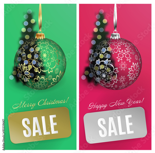 Vector Christmas card set sale background with ball, stripe, blurred christmas tree. Vector EPS10