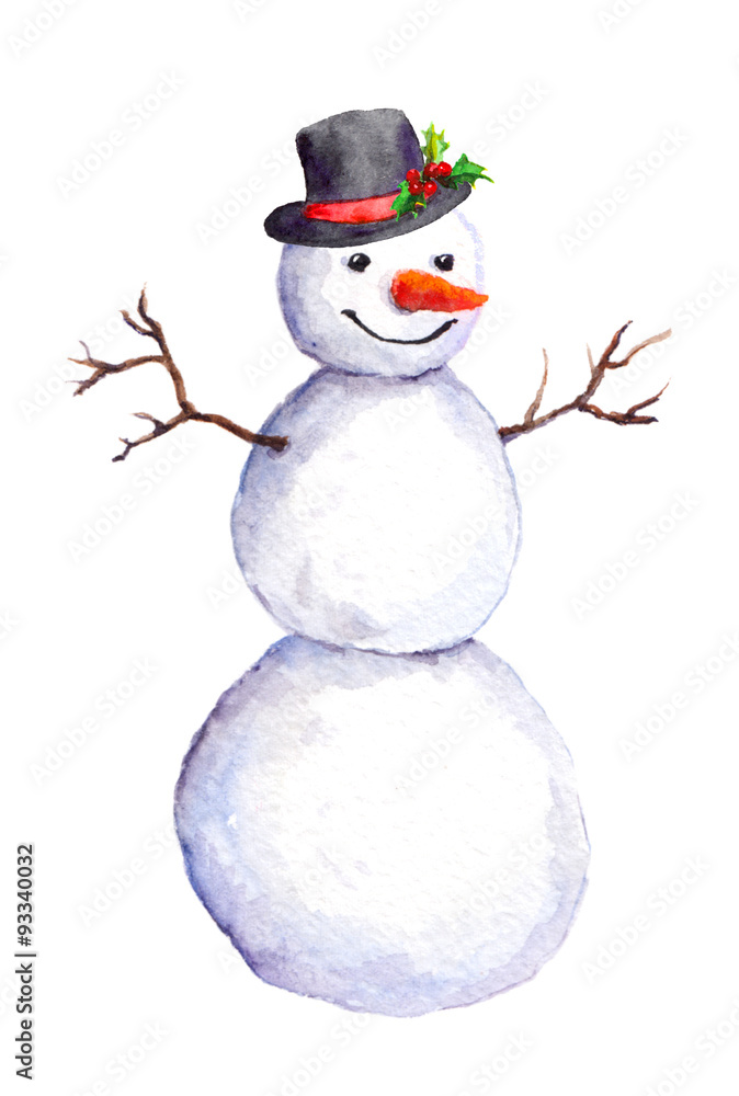 Snowman in top hat with mistletoe. Watercolor Snowman in top hat with mistletoe. Watercolor