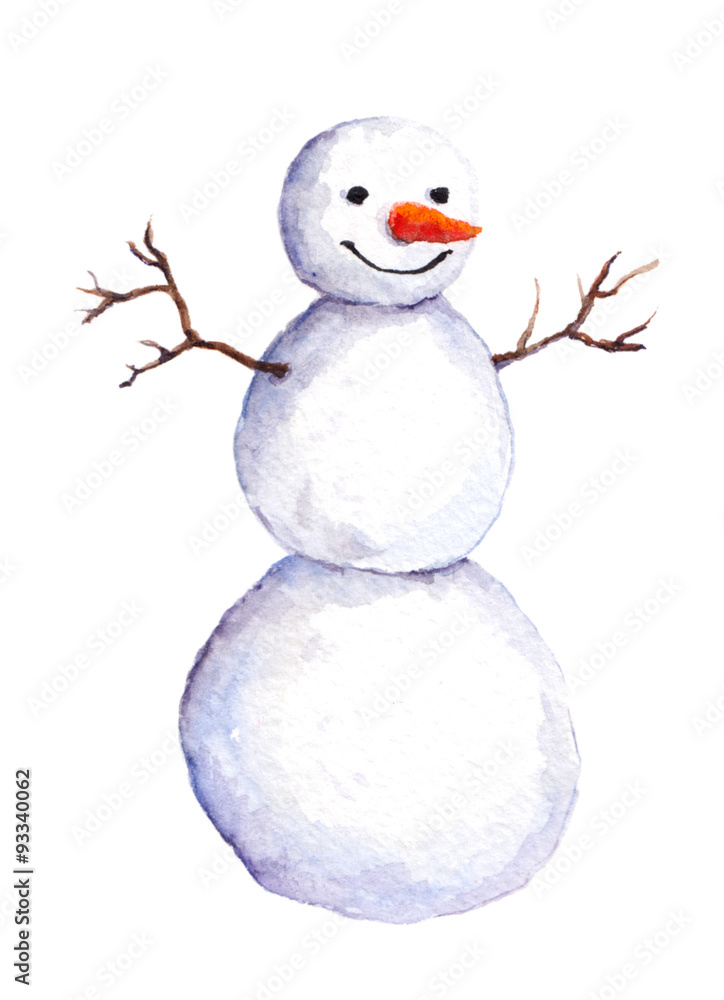 Naklejka Cute isolated painted snow man, watercolor.