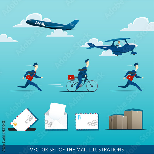 Vector set of the mail illustrations with postman, air mail plan