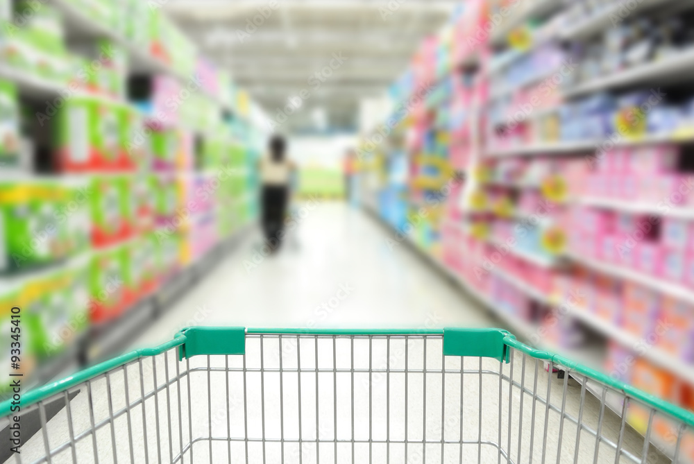 Shopping Cart in supermarket with People