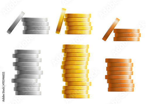 Stacks of gold, silver and bronze coins