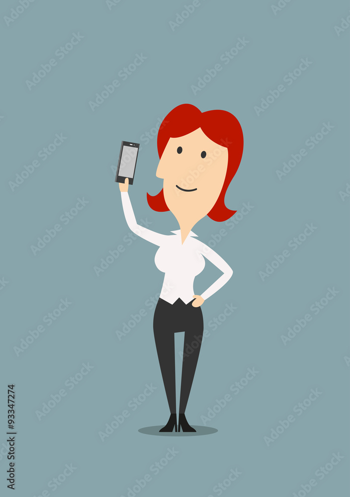 Cartoon businesswoman taking selfie shot Cartoon businesswoman taking selfie shot