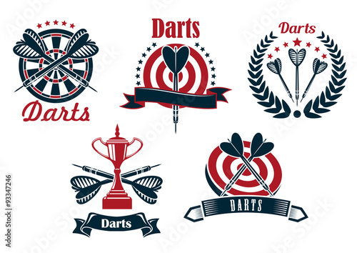 Darts game icons with dartboard and arrows