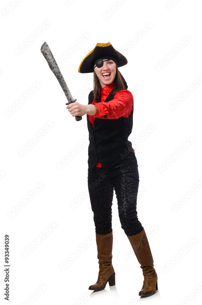 Female pirate holding sword isolated on white Female pirate holding sword isolated on white