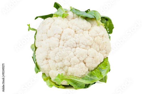 Cauliflower with leaves on white background