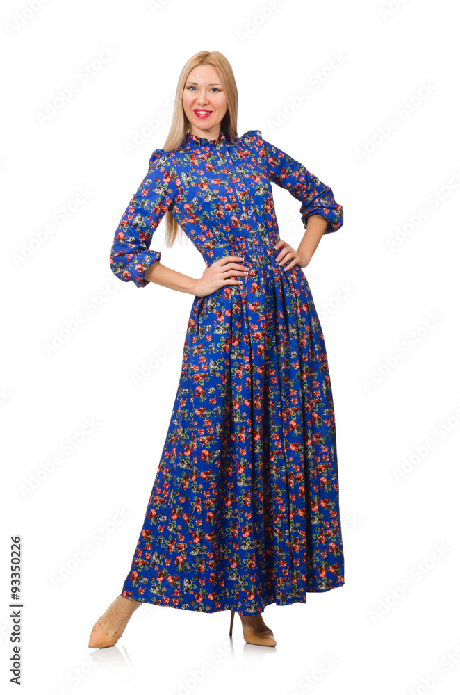 Young woman in blue floral dress isolated on white Young woman in blue floral dress isolated on white