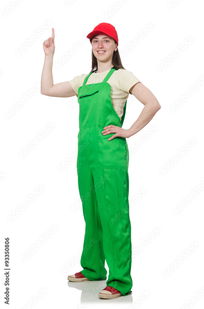 Female worker wearing coverall isolated on white Female worker wearing coverall isolated on white