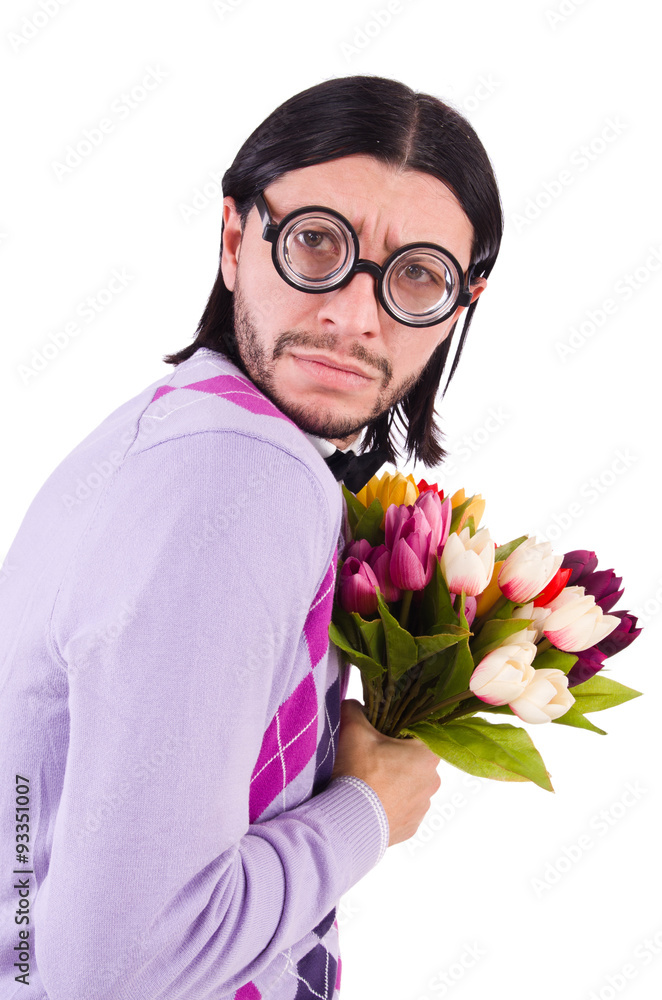 Man holding tulips isolated on white Man holding tulips isolated on white