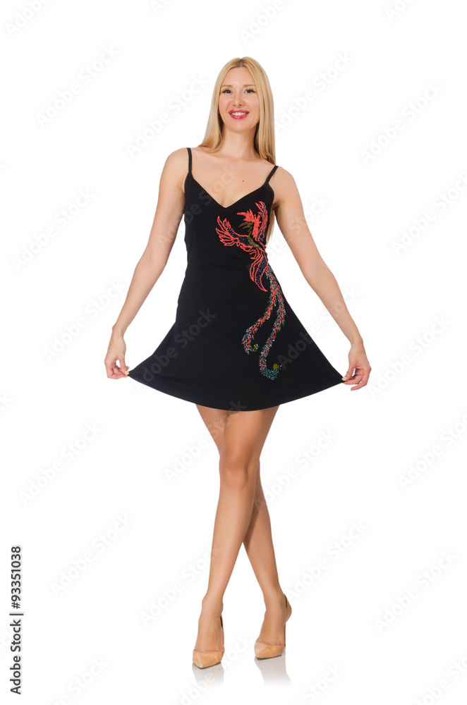 Naklejka premium Tall young woman in black dress isolated on white