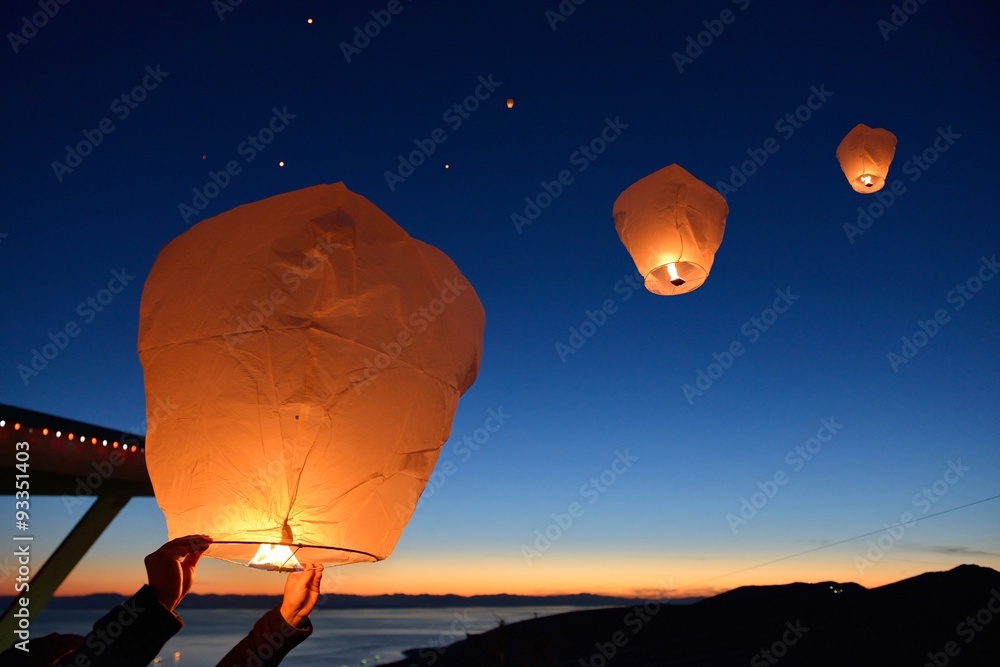 Make a wish, Paper Floating Lanterns release on Grouse Mountain Stock