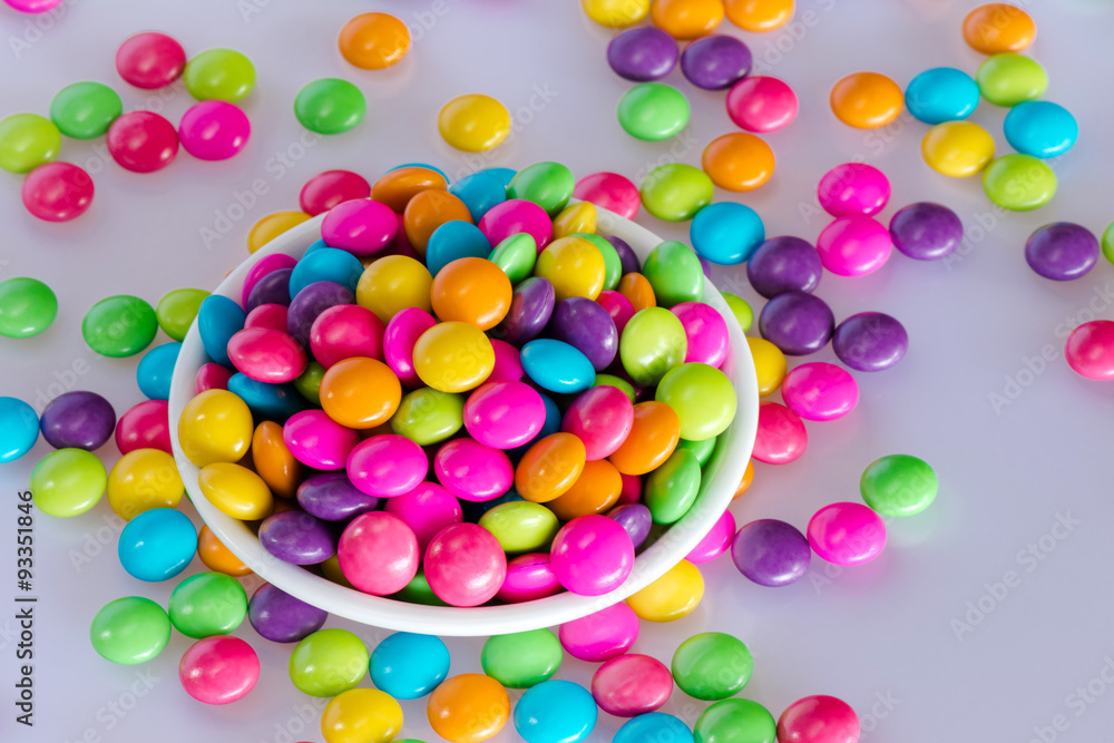 Top view Colorful chocolate candy in a ceramic bowl Top view Colorful chocolate candy in a ceramic bowl