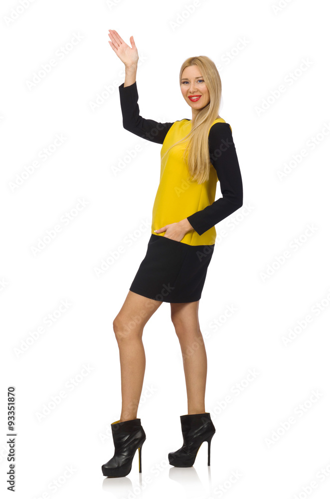 Blond hair girl in yellow and black clothing isolated on white Blond hair girl in yellow and black clothing isolated on white