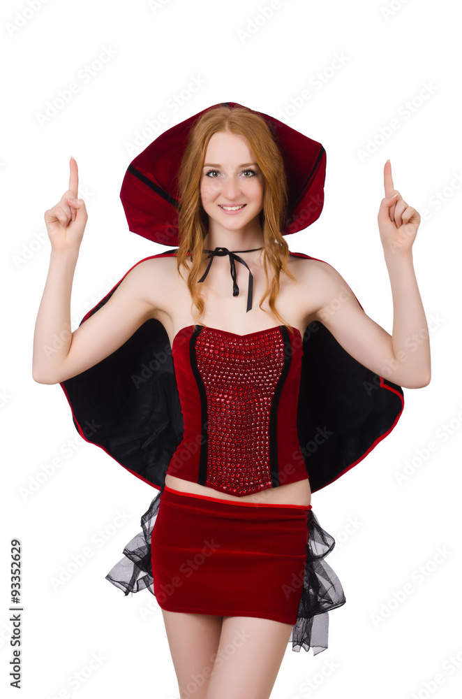 Pretty lady in velvet bordo dress with cap isolated on white Pretty lady in velvet bordo dress with cap isolated on white