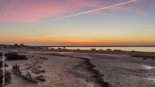 Sunrise Pan Time Lapse seascape, in Ria Formosa wetlands natural park, shot at Cavacos beach. Algarve. Portugal