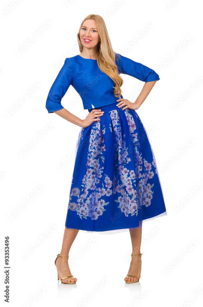 Woman in blue dress with flower prints isolated on white Woman in blue dress with flower prints isolated on white