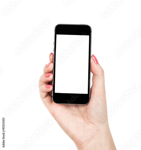 Hand holding mobile smart phone with blank screen. Isolated on w