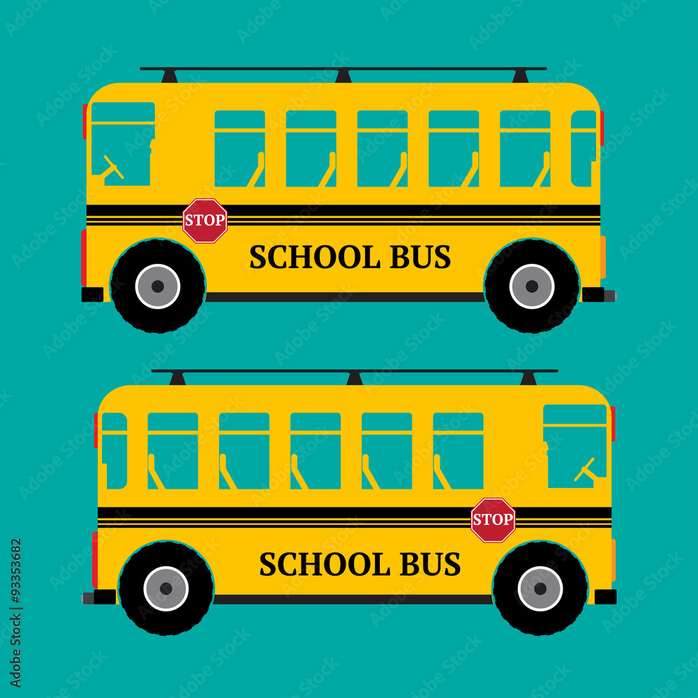 School bus yellow color on green background. Vector illustration Stock