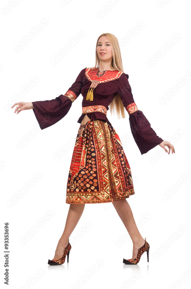 Woman in dress with oriental prints isolated on white Woman in dress with oriental prints isolated on white