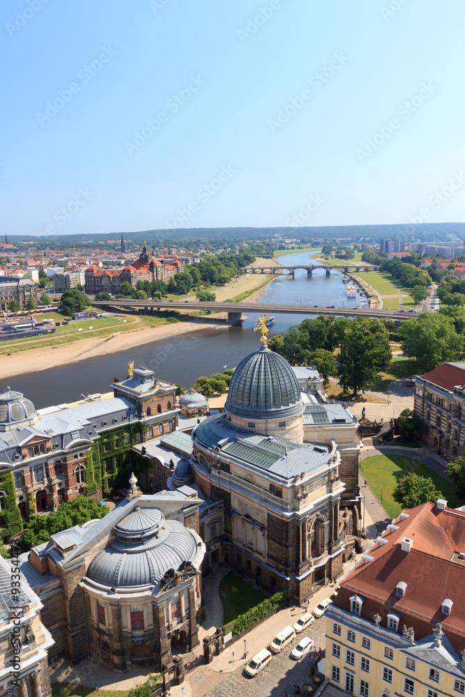View of Dresden cityscape with river Elbe, Brühl's Terrace, art academy and Saxony state ministry of finances