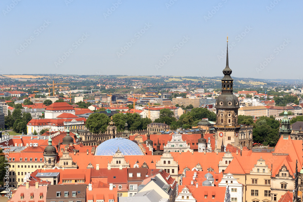 View of Dresden cityscape with palace Zwinger and tower Hausmannsturm