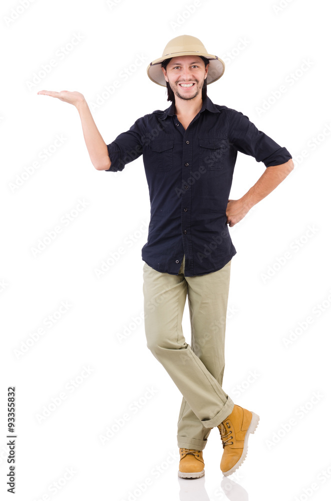 Man wearing safari hat isolated on white Man wearing safari hat isolated on white