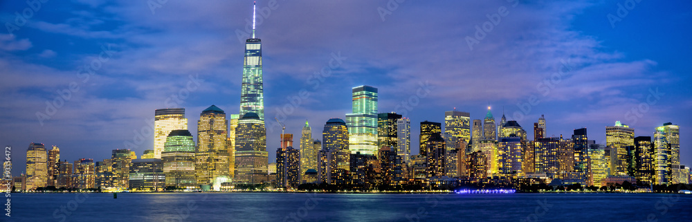 Lower Manhattan skyline panorama at dusk, New York