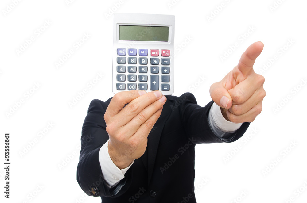 Man with calculator isolated on white