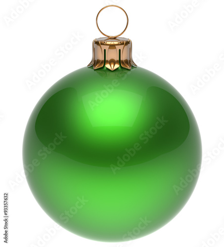 Christmas ball green New Year's Eve bauble wintertime decoration glossy sphere hanging adornment classic. Traditional winter ornament happy holidays Merry Xmas symbol blank round 3d render isolated