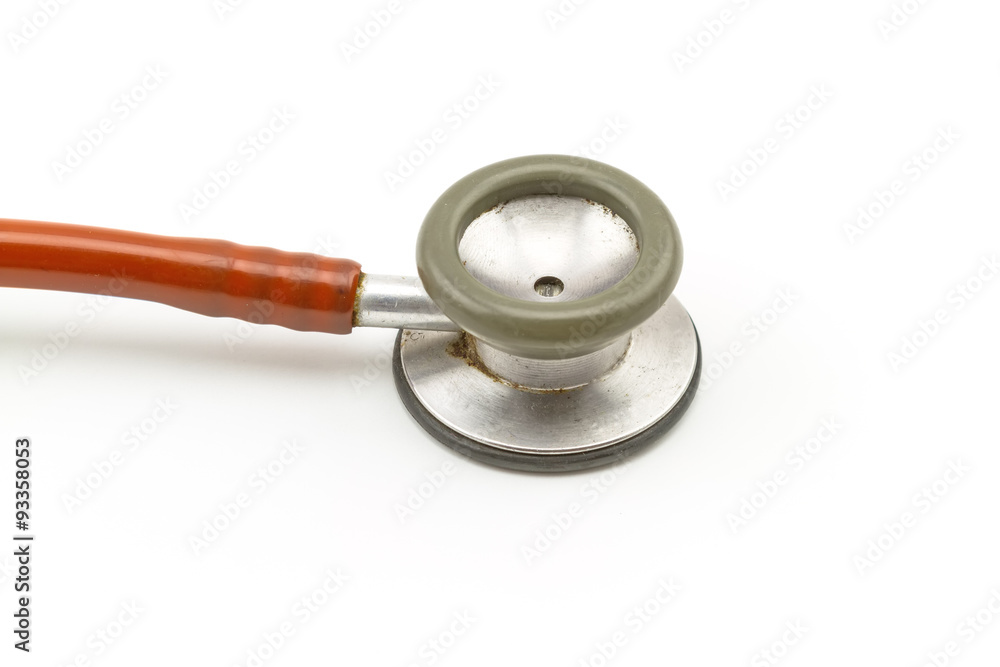 Close up diaphragm of pink stethoscope on white background Close up diaphragm of pink stethoscope on white background
