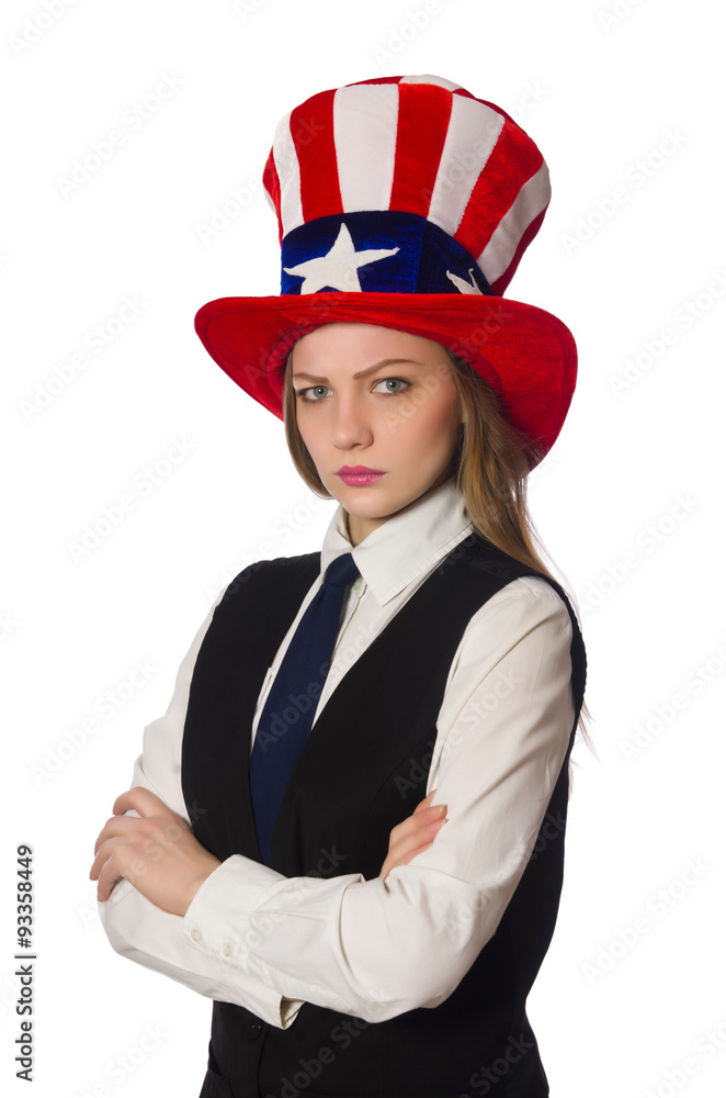Woman wearing hat with american symbols Woman wearing hat with american symbols