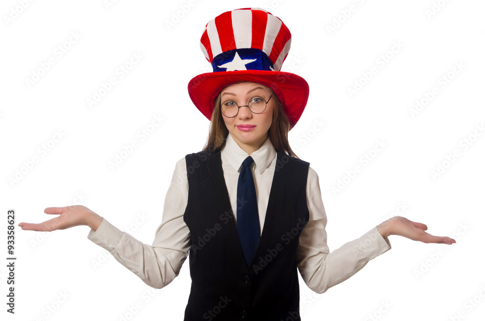 Woman wearing hat with american symbols Woman wearing hat with american symbols