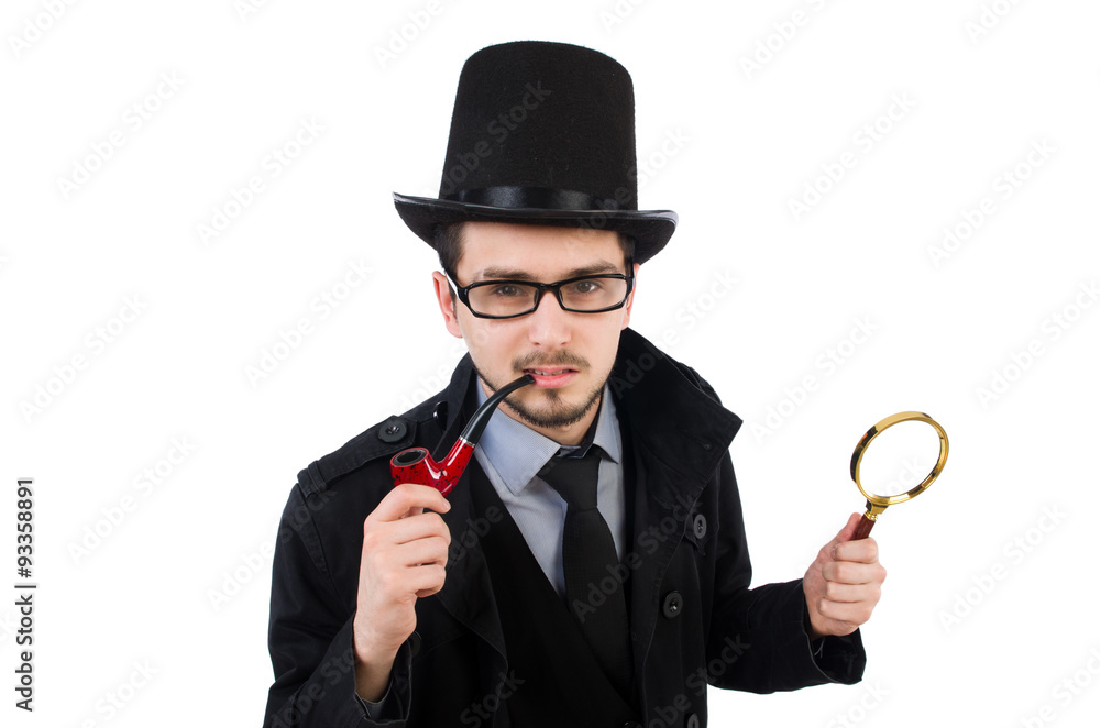 Young detective with magnifying glass isolated on white Young detective with magnifying glass isolated on white