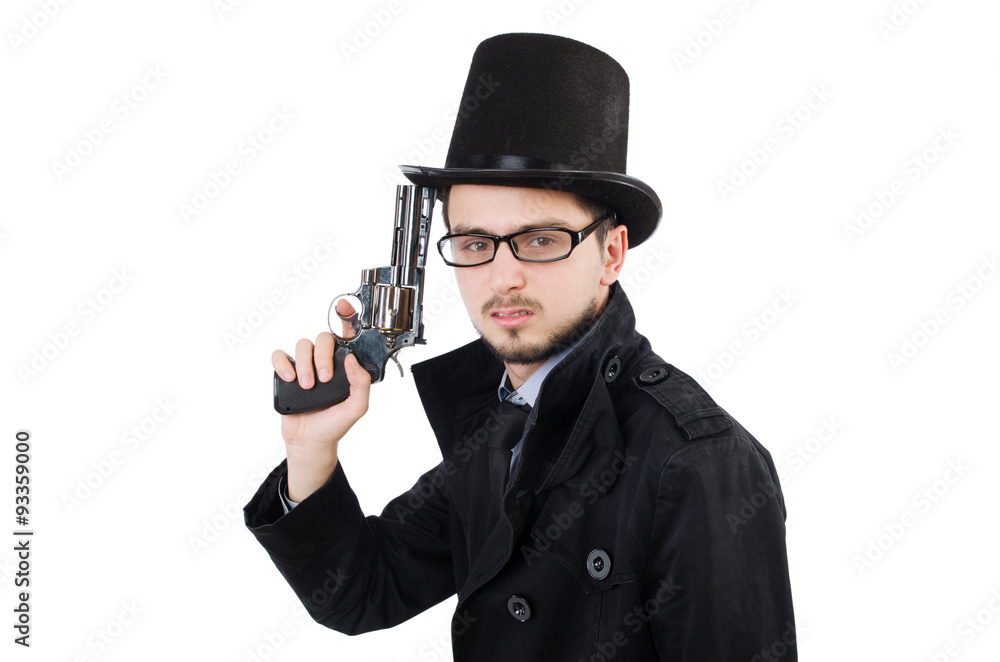 Young detective in black coat holding handgun isolated on white Young detective in black coat holding handgun isolated on white