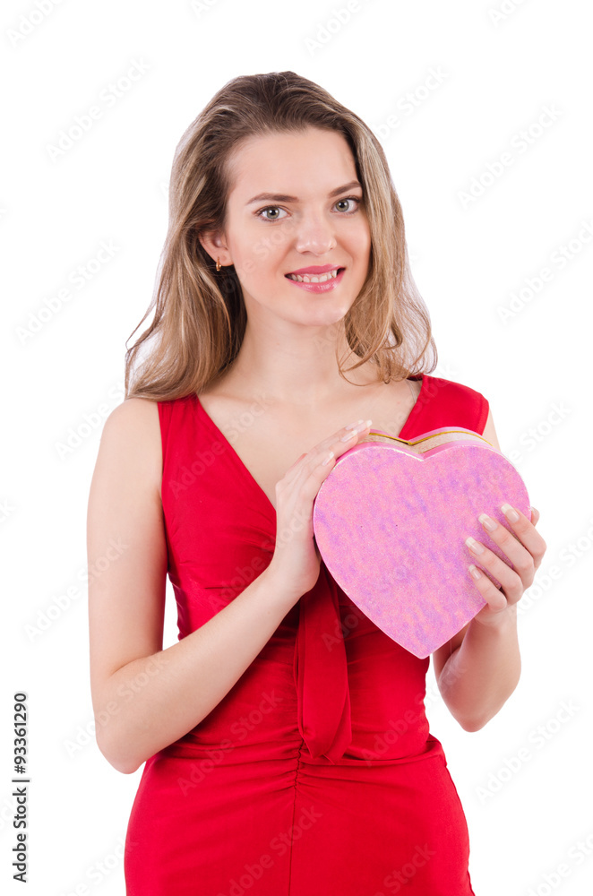 Pretty girl holding gift box isolated on white Pretty girl holding gift box isolated on white