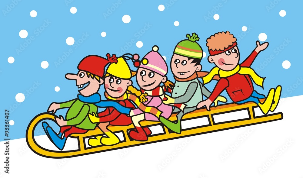 Group of children and sleigh, smile face. Vector illustration.