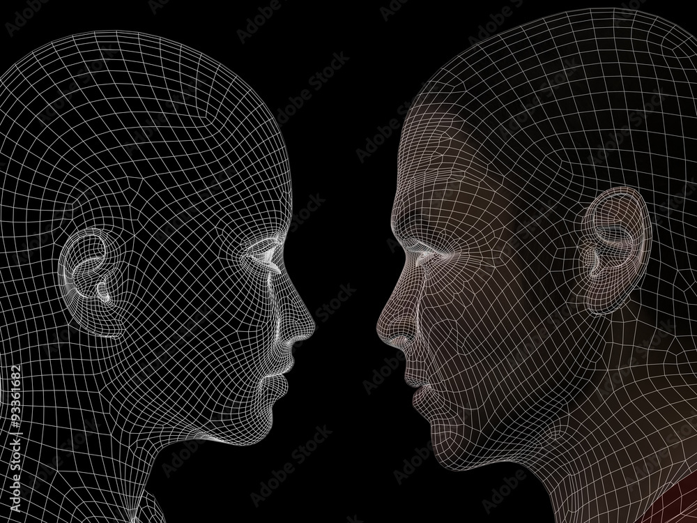 Conceptual wireframe mesh man woman face Conceptual wireframe mesh man woman face