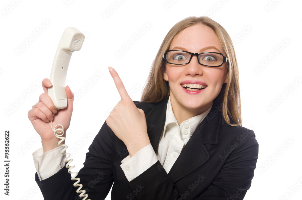 Pretty office employee holding phone isolated on white Pretty office employee holding phone isolated on white