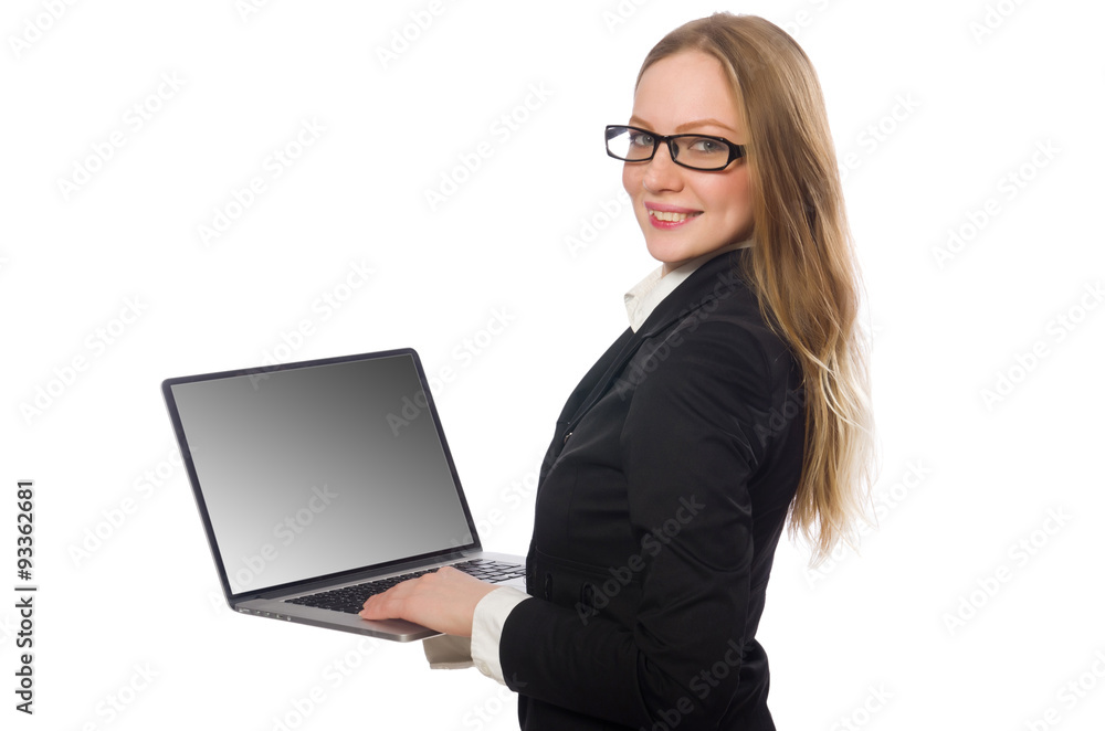 Pretty office employee with laptop isolated on white Pretty office employee with laptop isolated on white