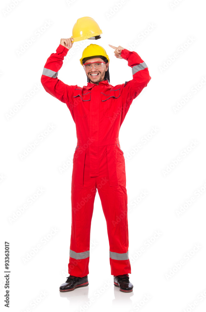 Man wearing red coveralls isolated on white