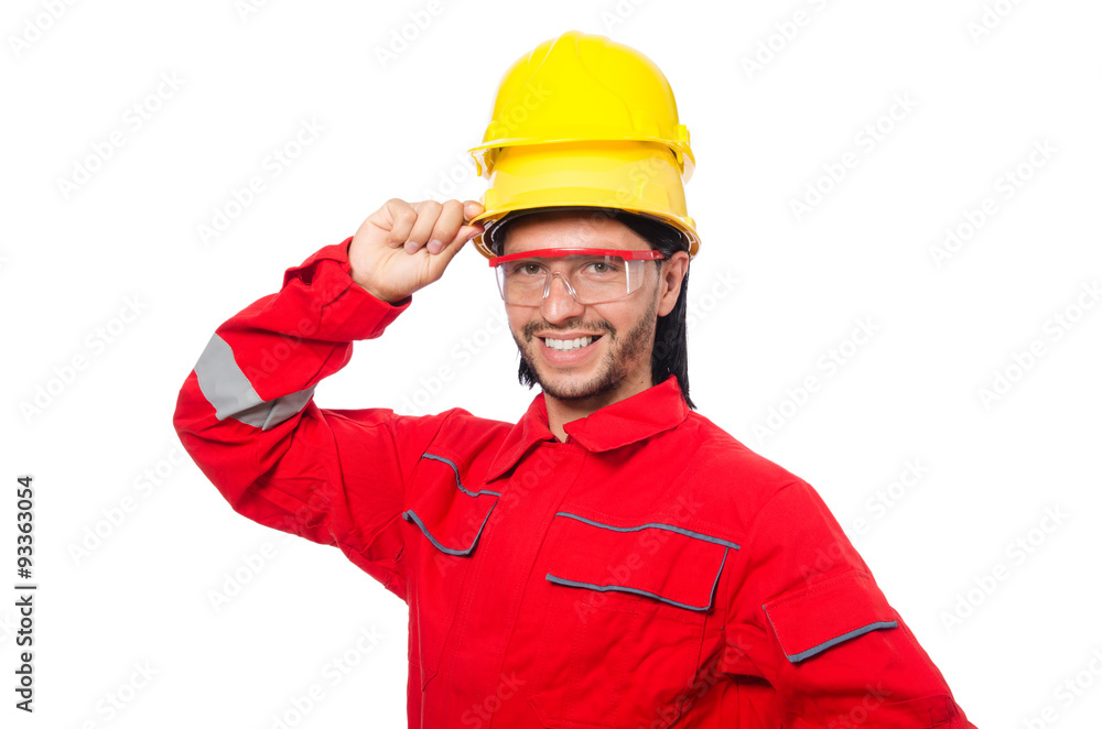 Man wearing red coveralls isolated on white Man wearing red coveralls isolated on white