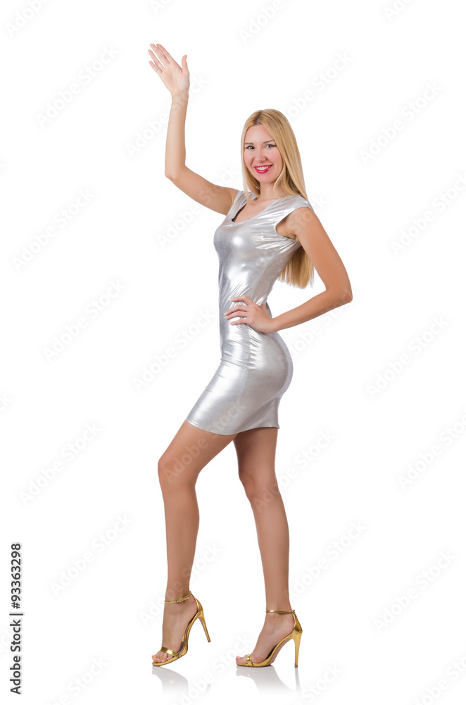 Young woman in silver dress isolated on white