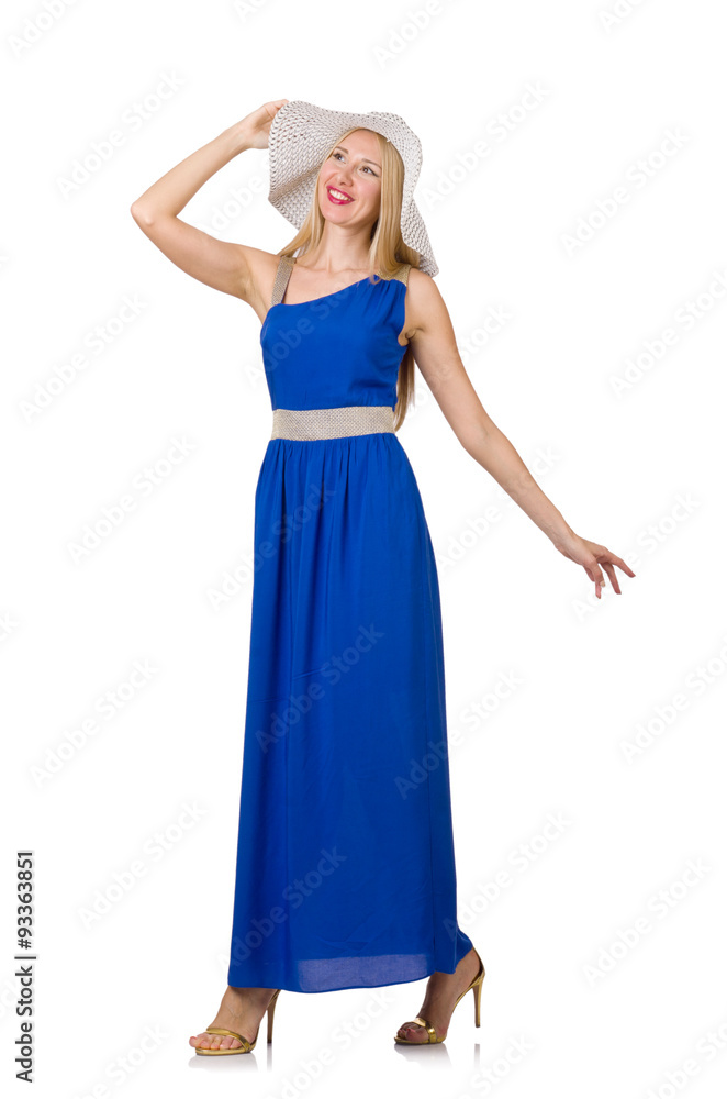 Beautiful woman in long blue dress isolated on white