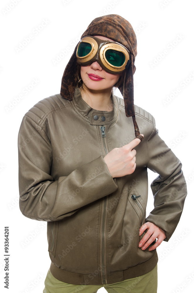 Funny woman pilot isolated on white