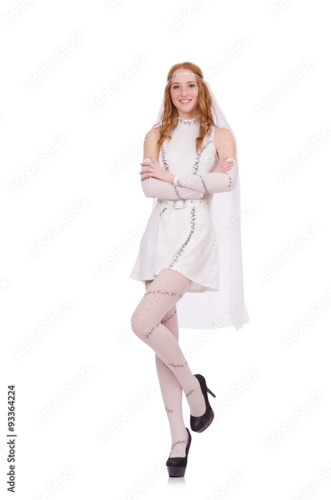 Pretty lady in light charming dress isolated on white Pretty lady in light charming dress isolated on white