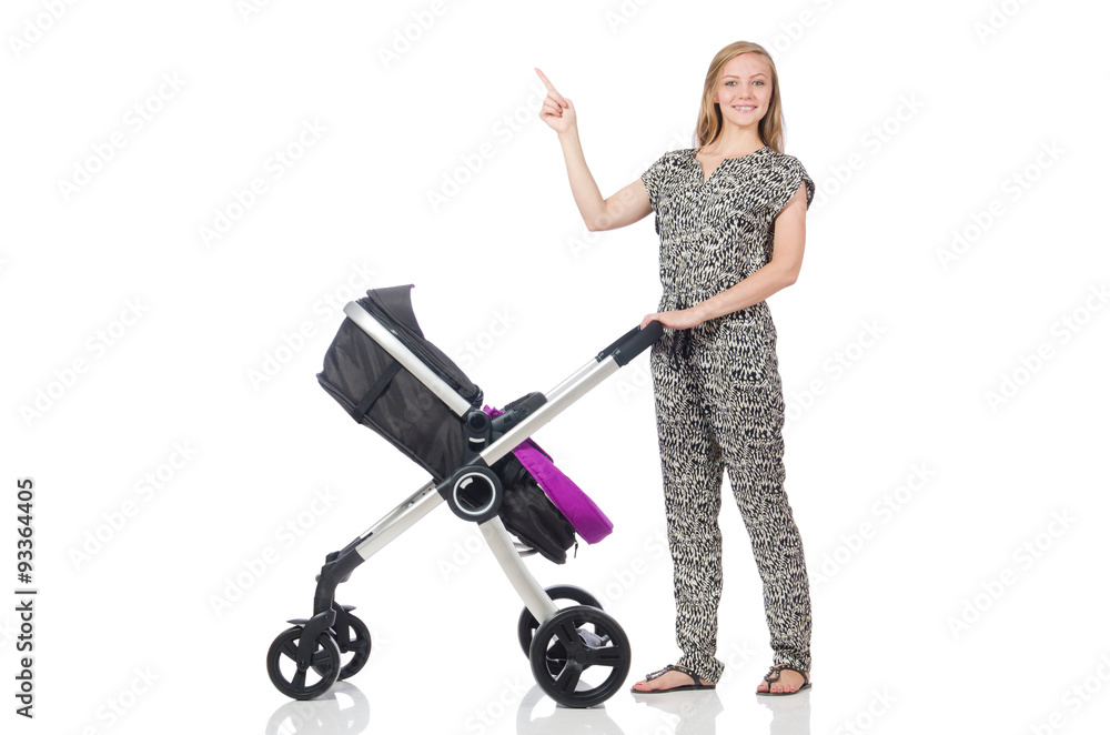 Happy mom with her baby in pram Happy mom with her baby in pram