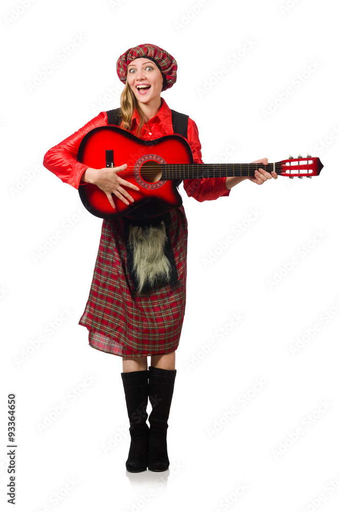 Funny woman in scottish clothing with guitar Funny woman in scottish clothing with guitar