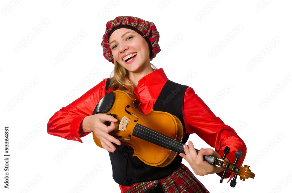Funny woman in scottish clothing with violin Funny woman in scottish clothing with violin