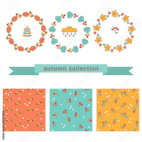 Set of autumn floral wreaths and seamless patterns.